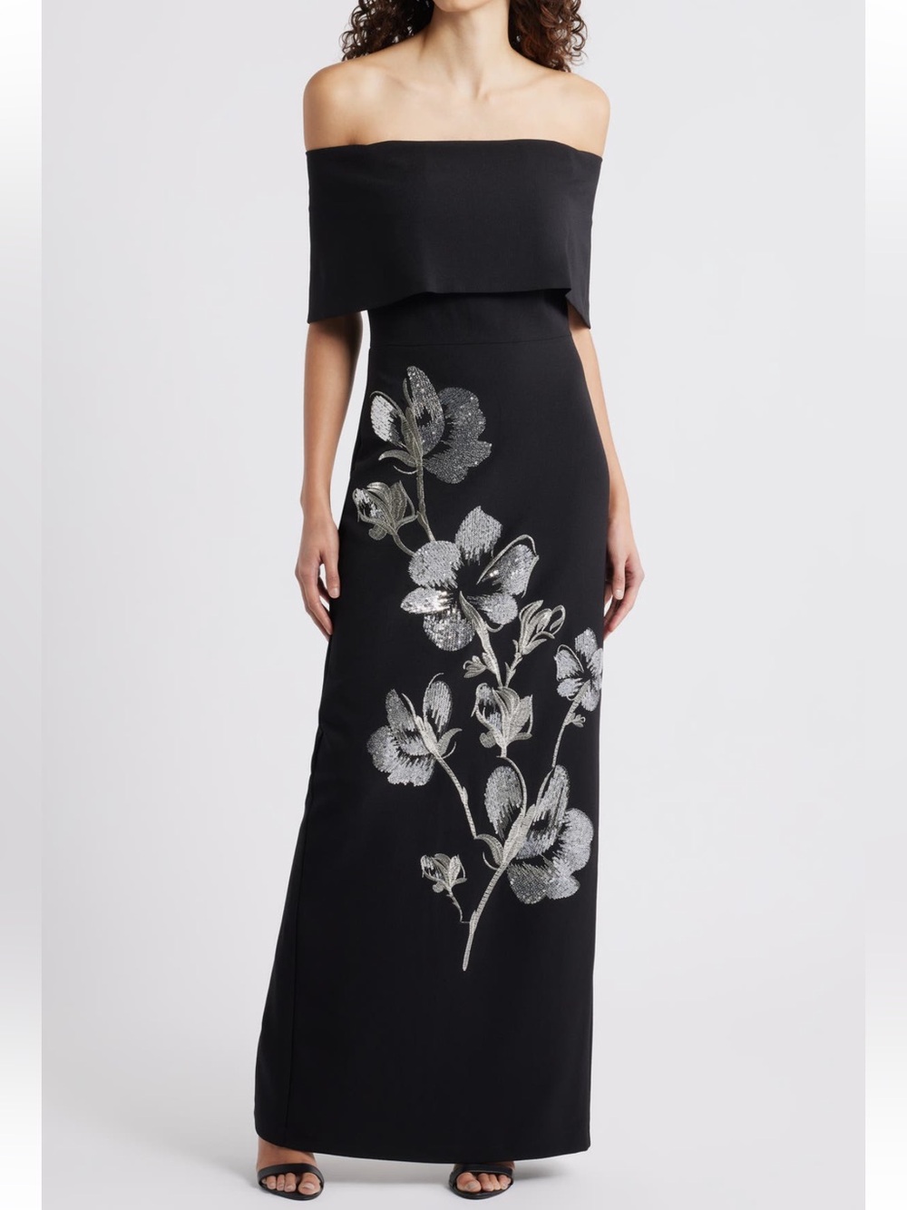 Vince Camuto Black Off-Shoulder Maxi Dress with Metallic Floral Sequins